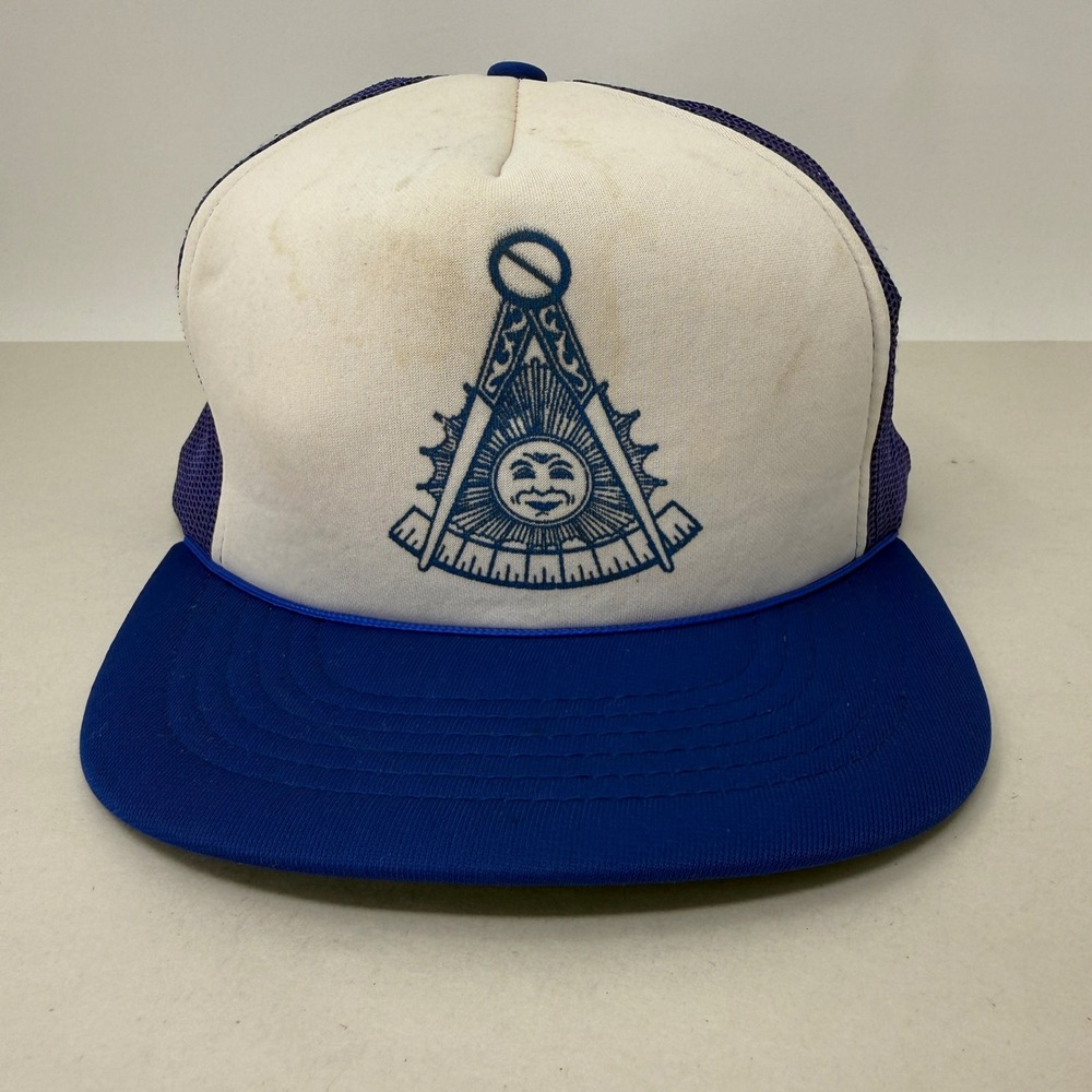 Vintage Yupoong Masonic Sun Graphic Trucker Hat Blue Purple Snapback Mesh Cap